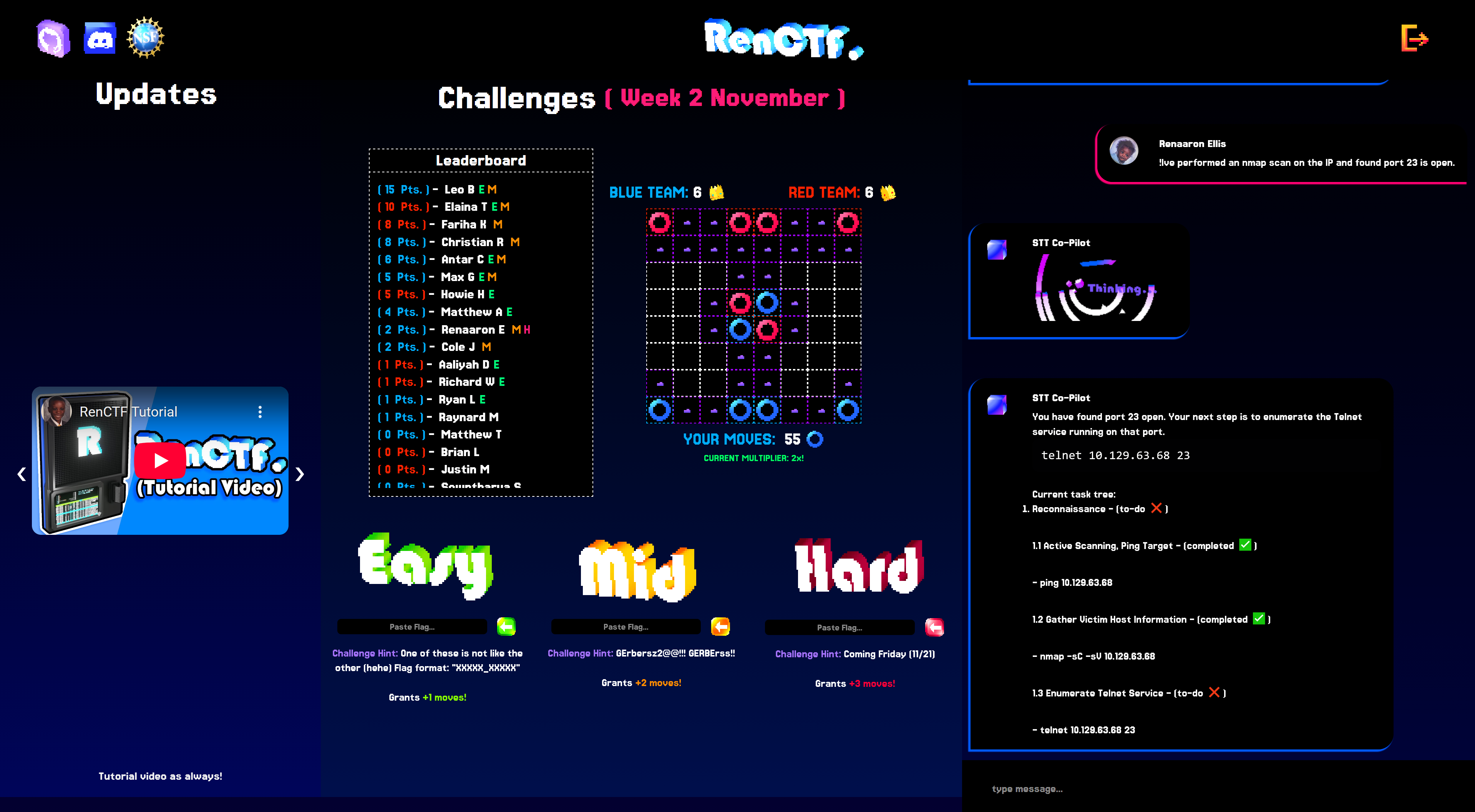 RenCTF landing webpage for gamified security workforce development activities linked to the hardware platform, with an example co-pilot interaction.